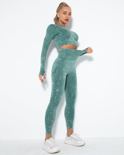 Set Sport Verde Pastel Din Doua Piese Cu Bluza Si Colanti , Cusatura Incretita Si Contur Push-Up Pentru Evidentierea Feselor