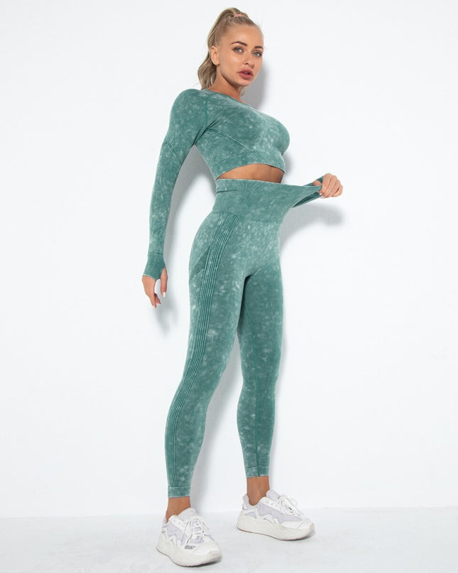 Set Sport Verde Pastel Din Doua Piese Cu Bluza Si Colanti , Cusatura Incretita Si Contur Push-Up Pentru Evidentierea Feselor