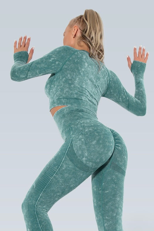 Set Sport Verde Pastel Din Doua Piese Cu Bluza Si Colanti , Cusatura Incretita Si Contur Push-Up Pentru Evidentierea Feselor