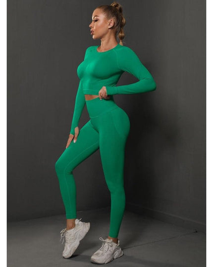 Set Verde din Două Piese cu Top și Colanți, Design Seamless, Efect Push-up Evidențierea Siluetei, Inclusiv Bluza cu Mâneci Lungi