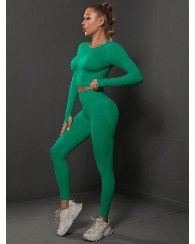 Set Verde din Două Piese cu Top și Colanți, Design Seamless, Efect Push-up Evidențierea Siluetei, Inclusiv Bluza cu Mâneci Lungi
