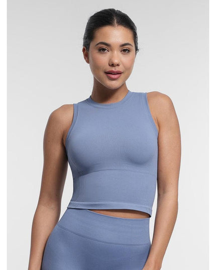 Top Sport Albastru Seamless cu Bustiera Integrata – Crop Top Fitness Dama pentru Sala si Yoga – Sustinere si Confort