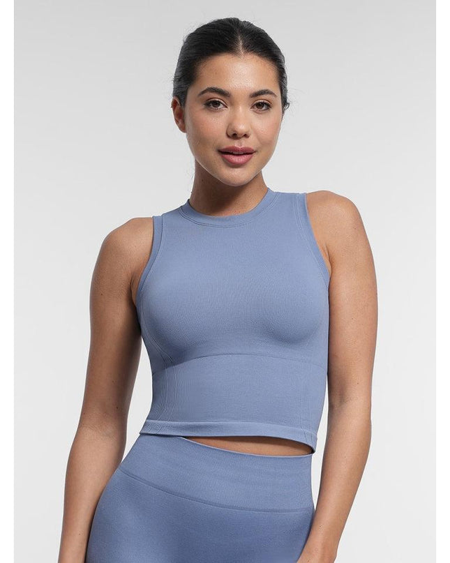 Top Sport Albastru Seamless cu Bustiera Integrata – Crop Top Fitness Dama pentru Sala si Yoga – Sustinere si Confort