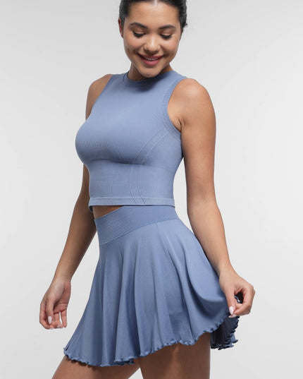 Top Sport Albastru Seamless cu Bustiera Integrata – Crop Top Fitness Dama pentru Sala si Yoga – Sustinere si Confort