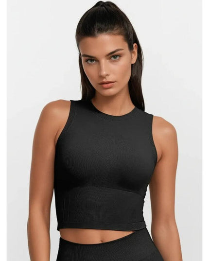 Top Sport Negru Seamless cu Bustieră Integrată – Crop Top Fitness Dama pentru Sală și Yoga – Susținere și Confort