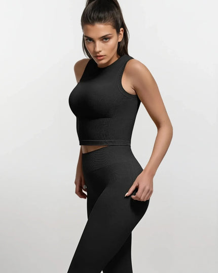 Top Sport Negru Seamless cu Bustieră Integrată – Crop Top Fitness Dama pentru Sală și Yoga – Susținere și Confort