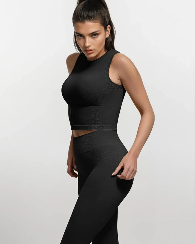 Top Sport Negru Seamless cu Bustieră Integrată – Crop Top Fitness Dama pentru Sală și Yoga – Susținere și Confort