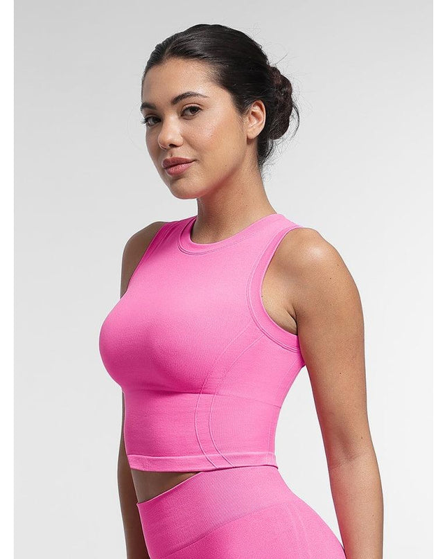 Top Sport Roz Seamless cu Bustieră Integrată – Crop Top Fitness Dama pentru Sală și Yoga – Susținere și Confort