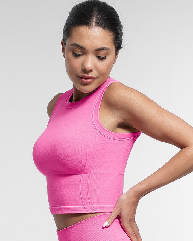 Top Sport Roz Seamless cu Bustieră Integrată – Crop Top Fitness Dama pentru Sală și Yoga – Susținere și Confort